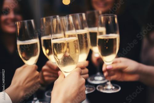 Closeup of bride and bridesmaids holding a glass of champagne in her hand
