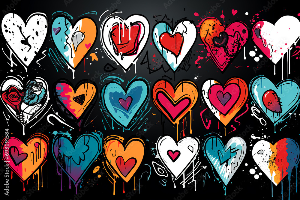 Fototapeta premium Style of street art with hearts with drips of paint on a dark background.