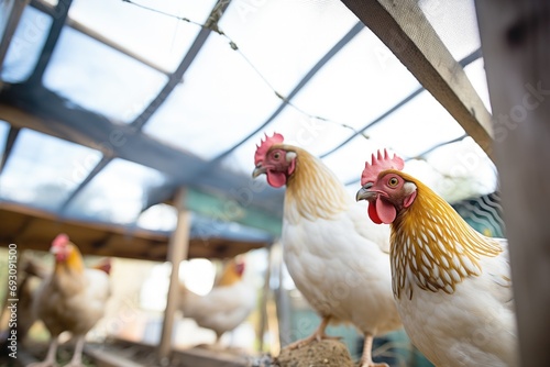 chickens pecking in a coop with mesh roof at noon