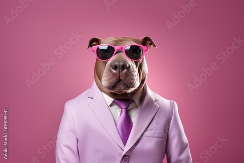funny dog in business outfit on pink studio minimal background, funny animals © troyanphoto