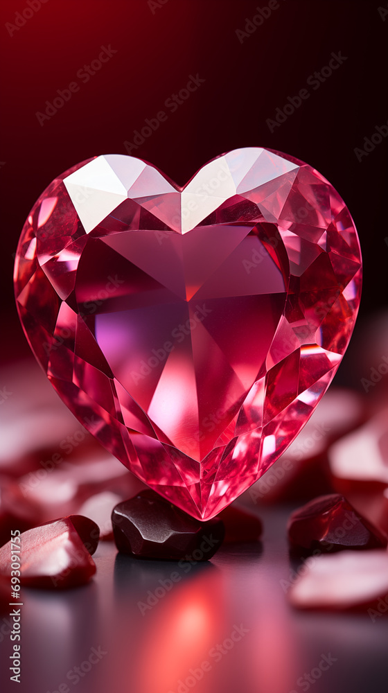 Close-up of a sparkling heart-shaped red gemstone surrounded by smaller scattered gems on a glossy surface, symbolizing love, luxury, and elegance Close-up of a sparkling heart-shaped red gemstone surrounded by smaller scattered gems on a glossy surface, symbolizing love, luxury, and elegance