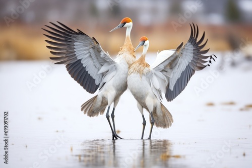 cranes engaged in mutual preening dance photo