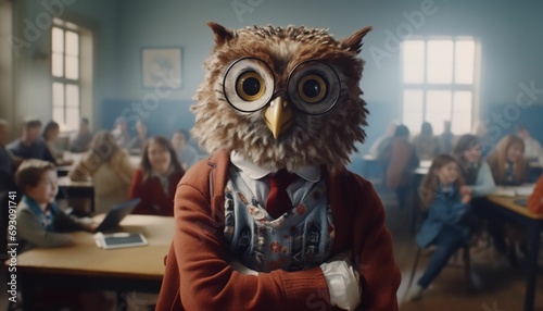 Creative animal concept. Owl is a teacher in a classroom with students.