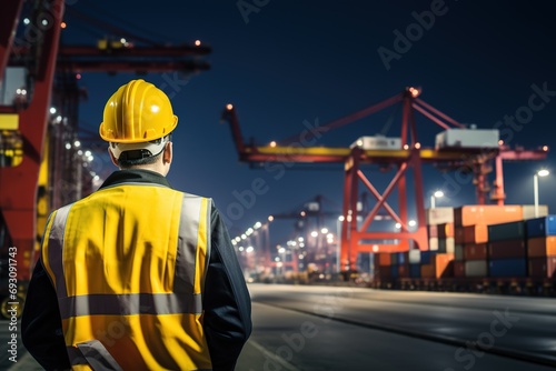 An operator standing at sea port full with cargo containers.