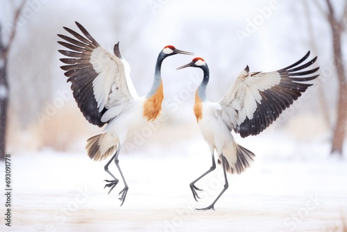 dance of cranes against snowy backdrop