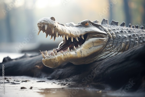 crocodile with open jaws on riverbank