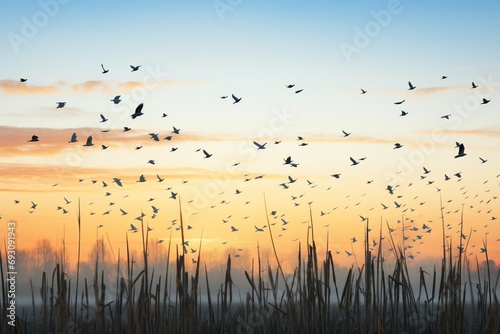 flock of crows flying over a cornfield at dusk © primopiano