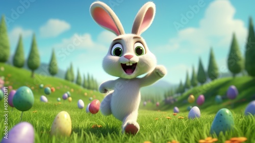 White rabbit running on green grass field with colorful easter eggs on the ground, Generative AI