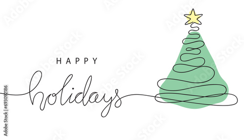 happy holidays card with christmas tree and lettering, hand drawn one line vector illustration