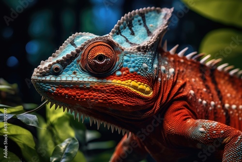 Red and blue chameleon among the leaves and vegetation  Generative AI