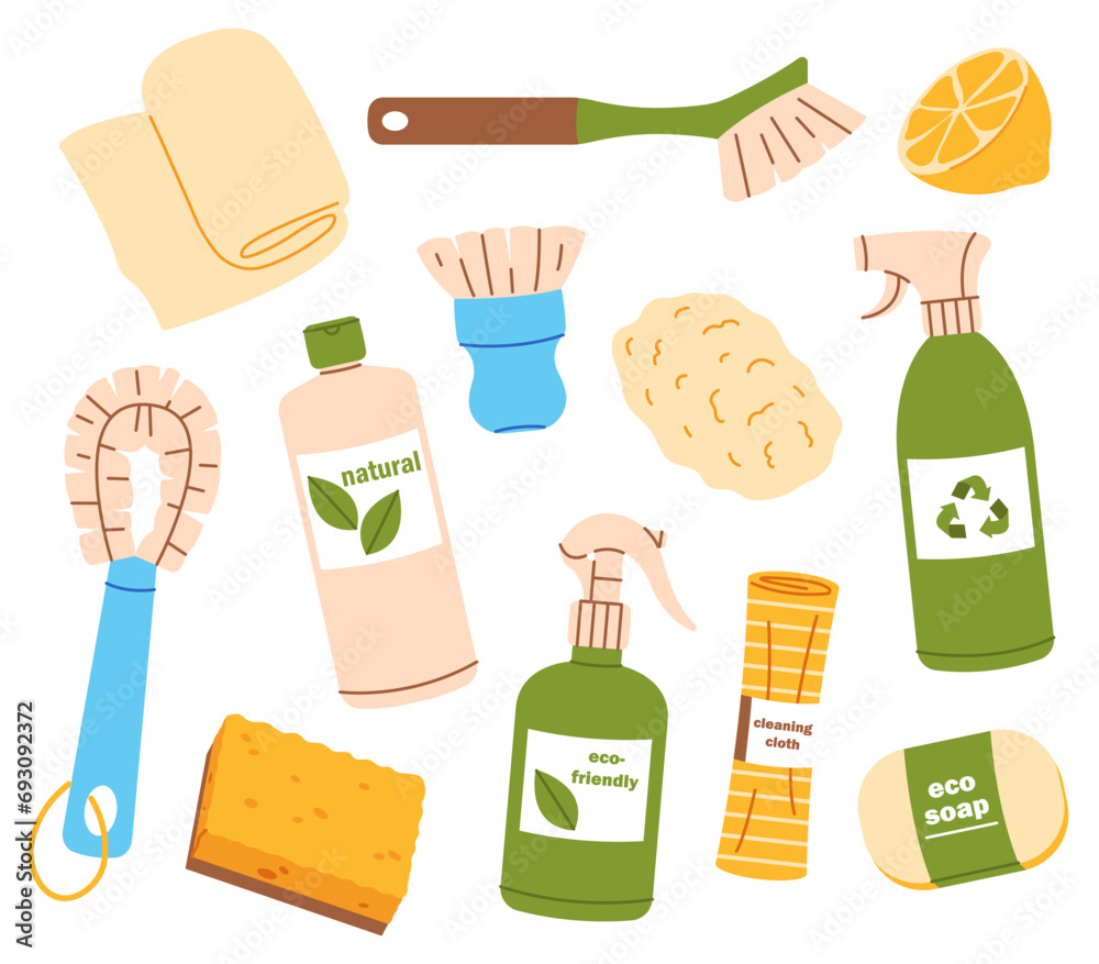 Set of eco-friendly products for house cleaning. Natural organic household stuff. Collection of green home supplies. Flat vector illustration.