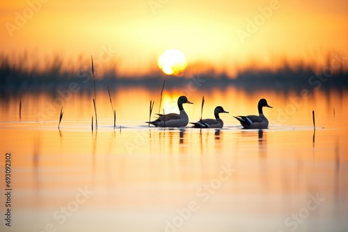 silhouettes of ducks at pond during sunset