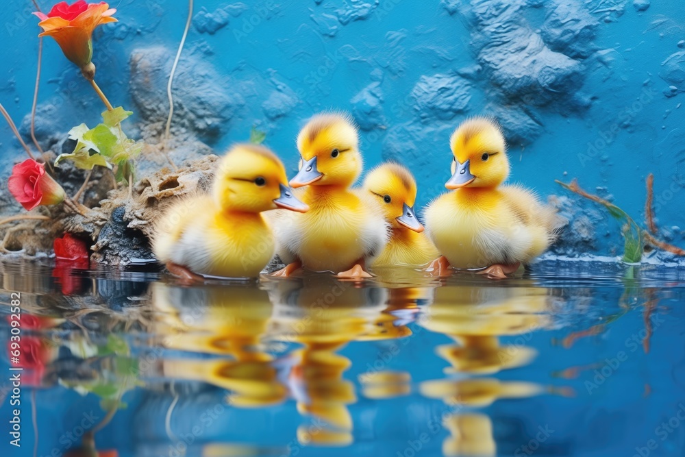 contrast of yellow ducklings in blue pond contrast of yellow ducklings in blue pond