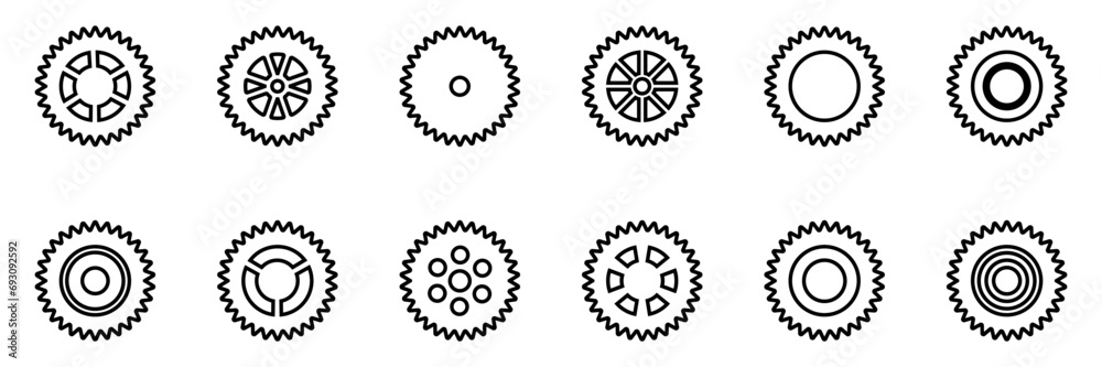 Gears icon set. Setting gears icon. Collection of mechanical outline cogwheels. Simple Gear wheel collection. Gear icons silhouette. Vector illustration with cogwheels sign set on white background. Gears icon set. Setting gears icon. Collection of mechanical outline cogwheels. Simple Gear wheel collection. Gear icons silhouette. Vector illustration with cogwheels sign set on white background.
