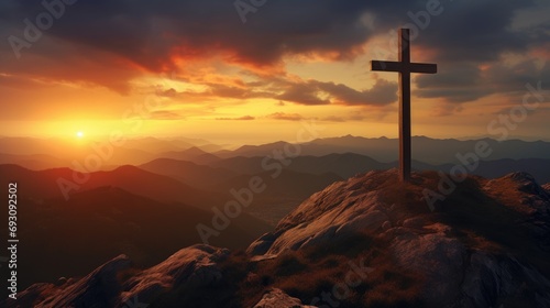 Cross on top of a mountain at sunset, Generative AI © Kaleb