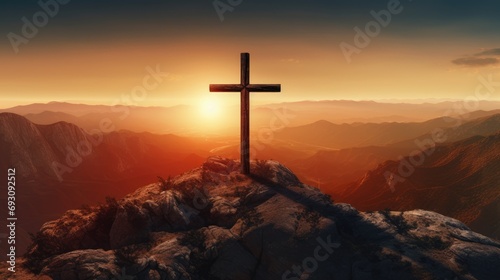 Cross on top of a mountain at sunset, Generative AI © Kaleb