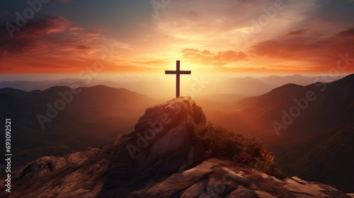 Wooden cross on top of a mountain at sunset, Generative AI © Kaleb
