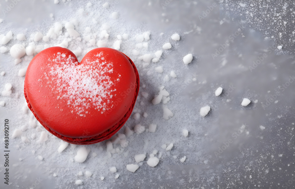 red heart shape macaron cookie on grey snowy background top view