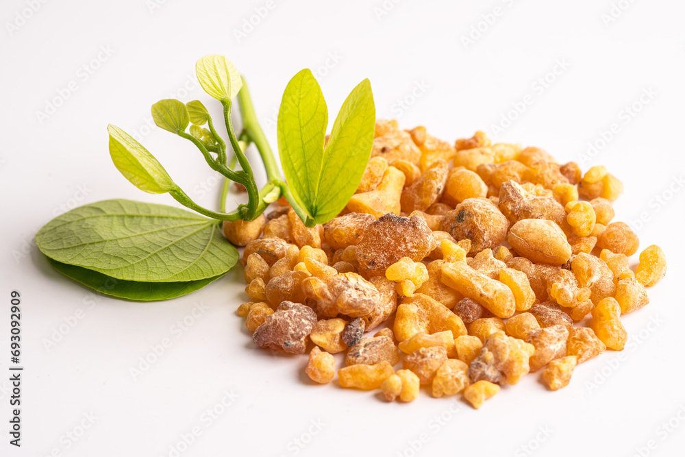 Frankincense or olibanum aromatic resin isolated on white background used in incense and perfumes. - obrazy, fototapety, plakaty 