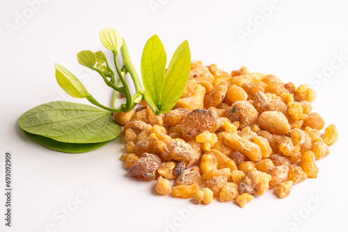 Frankincense or olibanum aromatic resin isolated on white background used in incense and perfumes. photo