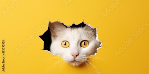 Kitten looking through a hole in the yellow wall, broken wall and cat, generative AI