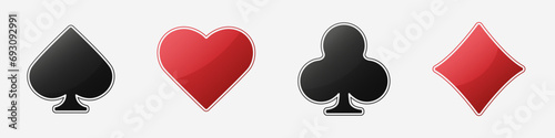 Set collection gambling sign symbol of playing card suits and chip or token for poker and casino. Hearts, clubs, diamonds and spades on an isolated white background.