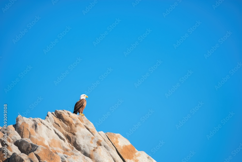 bald eagle on craggy peak against clear blue sky bald eagle on craggy peak against clear blue sky