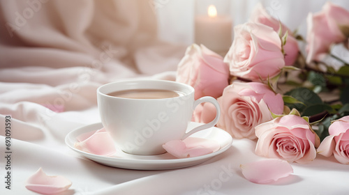 Cup of coffee and pink roses on a white tablecloth. photo