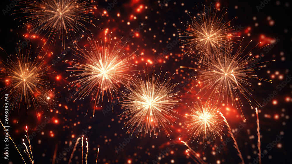 Fototapeta premium Fireworks over city landscape, background, photorealistic, New Year's eve concept