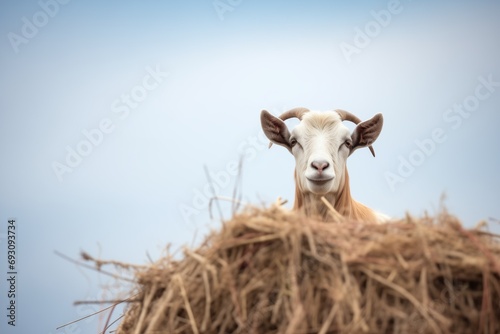 Papier peint goat with horns perched high on a haystack