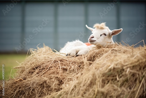 goat reclining comfortably on a haystack photo