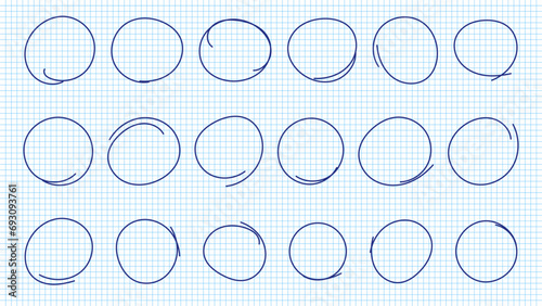 Hand drawn pen circles line sketch set on notebook pages. Drawing blue pen circular scribble doodle round circles. Vector illustration. © ROMAN RYBALKO