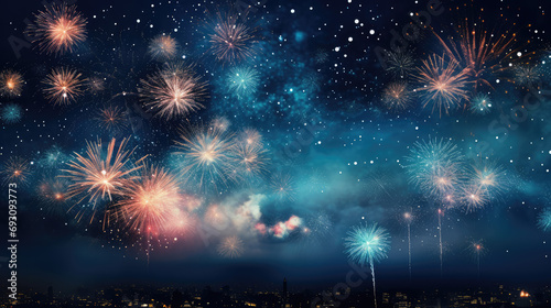 Fireworks over city landscape, background, photorealistic, New Year's eve concept