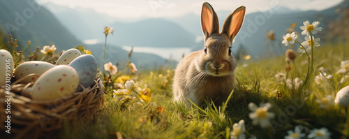Easter Bunny Rabbit Eggs Hunt Basket Concept photo