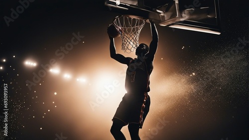 Silhouette of an NBA star. The background is dark and the spotlight is on

 photo