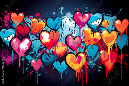 Style of street art with hearts with drips of paint on a dark background. photo
