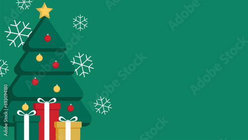 Christmas and New Year background.Green Christmas tree with star and box of gifts strewn with snow.Greeting card, banner, poster.Vector illustration.