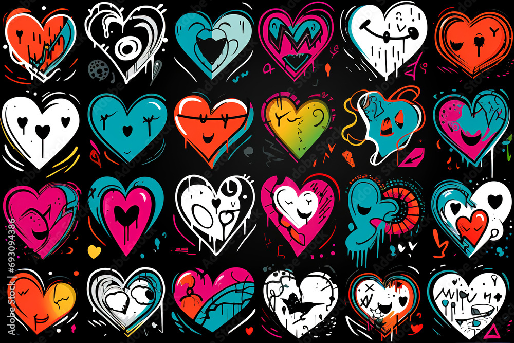 Fototapeta premium Style of street art with hearts with drips of paint on a dark background.