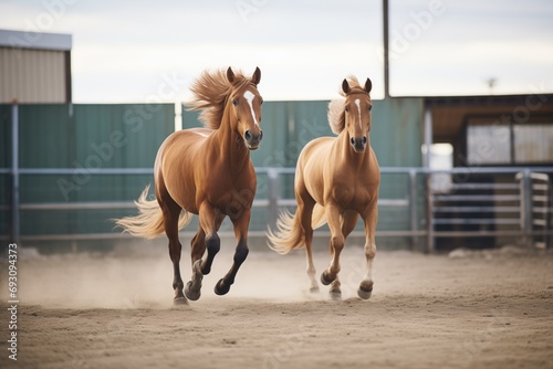 two horses trotting side by side
