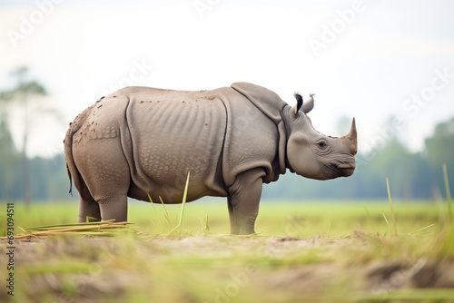 side shot of javan rhino roaming in field © primopiano