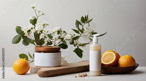 Skincare Product Template with Natural Elements. Cosmetics with Blank Product Labels.