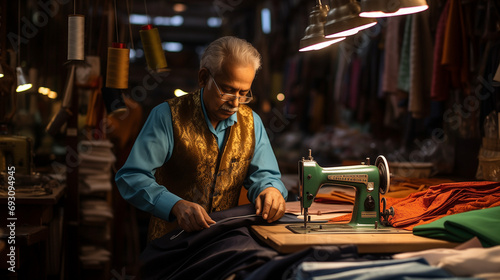an old person working on a sewing machine, surrounded by various fabrics and materials in a well-organized workshop. He is operating a green sewing machine, concentrating on sewing a piece of fabric.