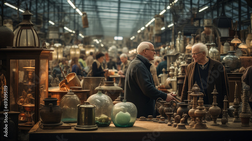 a lively antique market scene where two aged persons are closely inspecting various antique items laid out on a table. These items include lanterns, vases, and other decorative pieces.