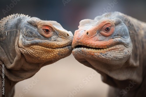 two komodo dragons in a face-to-face standoff