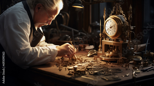 an aged person engaged in the delicate task of assembling or repairing intricate mechanical objects, likely clocks. The focus is on their hands working with various components. photo