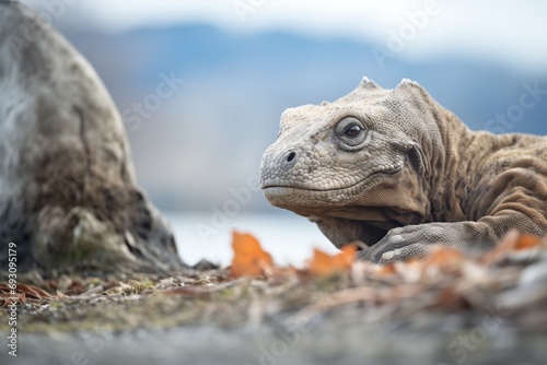 komodo dragon sunbathing on a rocky terrain