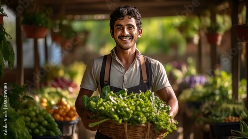 Happy smiling young farmer Indian carrying basket of vegetables for market 