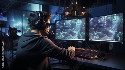 a person deeply immersed in a video game, surrounded by a professional gaming setup. Two large screens display the game’s graphics, enhancing the immersive experience. 