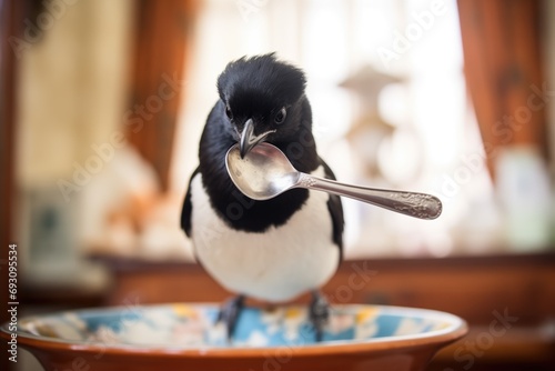 magpie holding a spoon in its beak