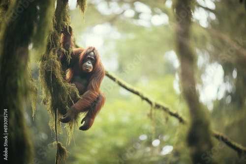 orangutan climbing a vine-covered rainforest tree photo